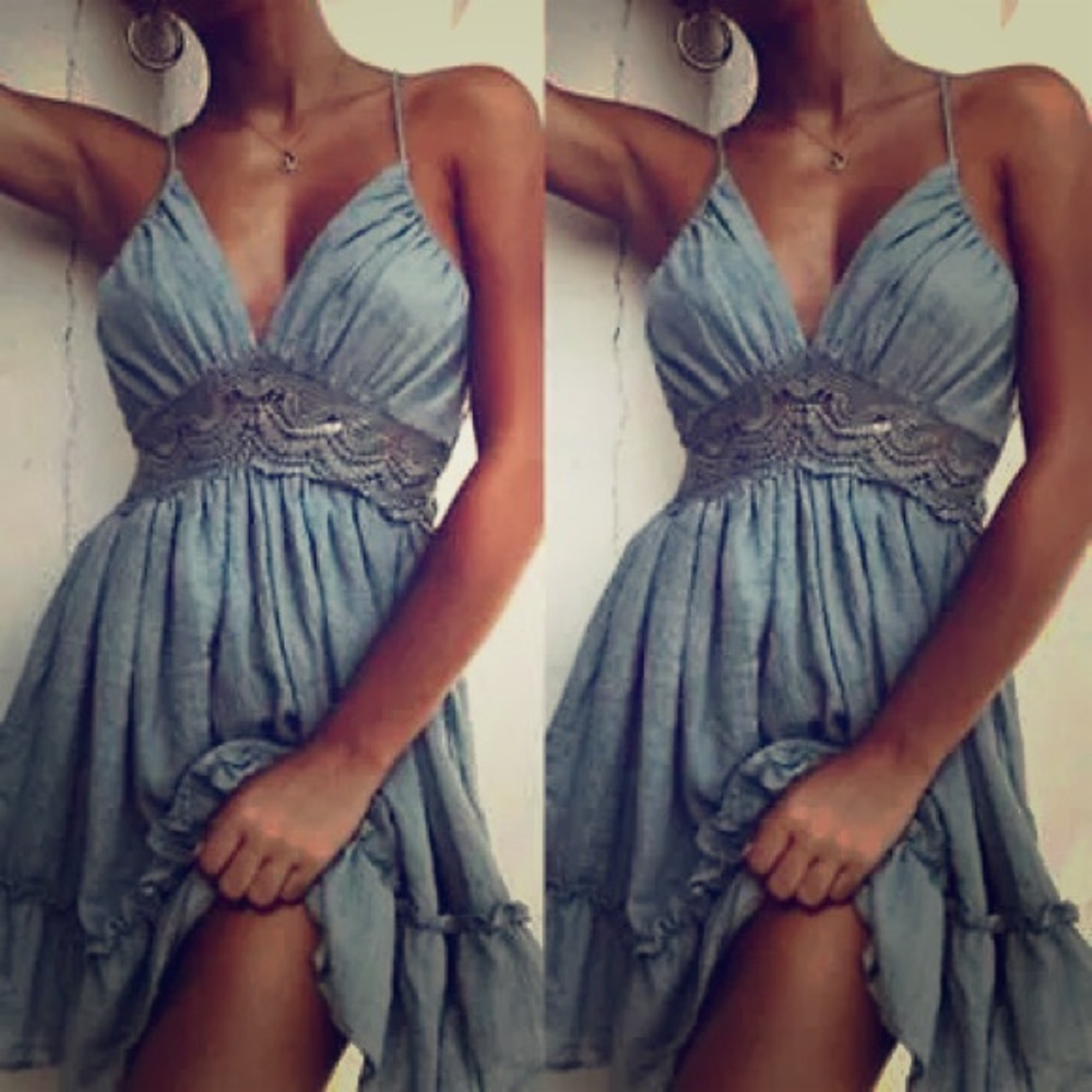 Blue Boho Summer Midi Dress With Lace Detail - Picture 2 of 5